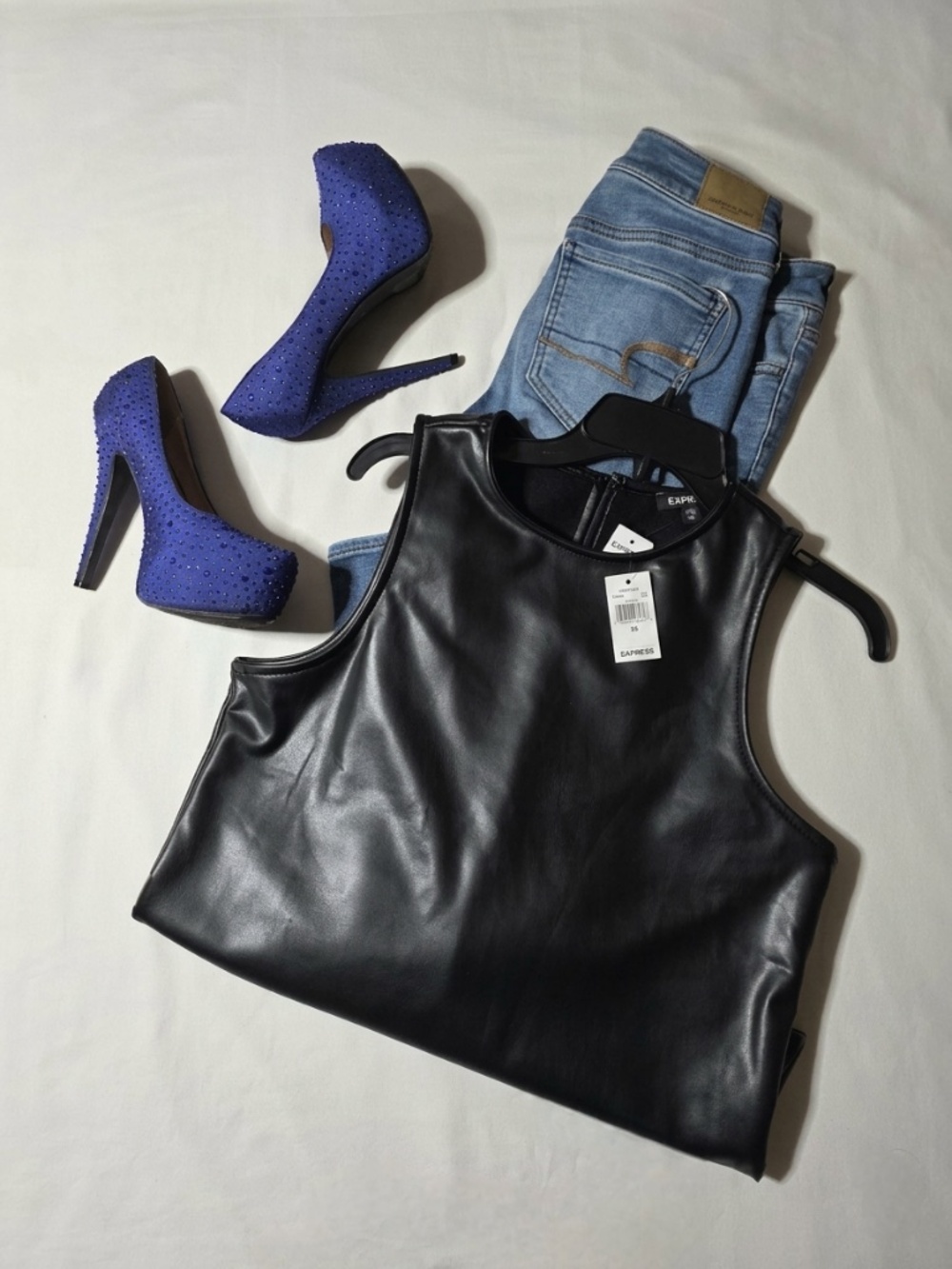 Express black sleeveless tank with a glossy liquid-leather-look finish. NWT.💣